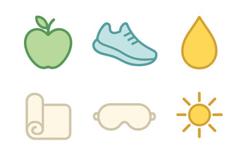 Essential wellness symbols for healthy lifestyle habits, fitness, diet, sleep, and hydration