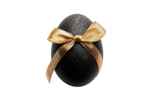 Elegant black easter egg with golden bow isolated on transparent background. Black egg with a gold ribbon isolated on white background. - Powered by Adobe