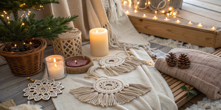 Burning candles flickering softly, macrame coasters adding texture, and a wicker basket filled with fir tree branches and pine cones create a cozy christmas atmosphere on a wooden table