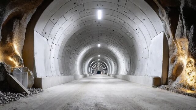 Underground tunnel under construction with circular concrete lining and a bright light at the far end.