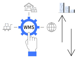 Finger activating WMS gear surrounded by warehouse, cart, globe, bar chart, and arrows. Ideal for logistics, inventory, global trade, optimization data tracking process control simple flat