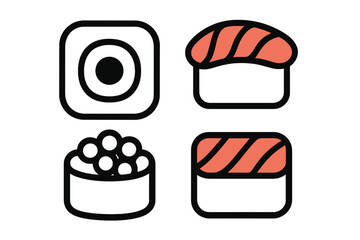 Set of four minimalist Japanese sushi food icons with thick outlines © icon_art