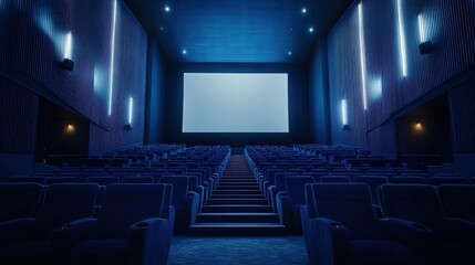 A modern cinema hall with blue lighting, featuring empty rows of seats and a large screen, creating a serene atmosphere for movie viewing.