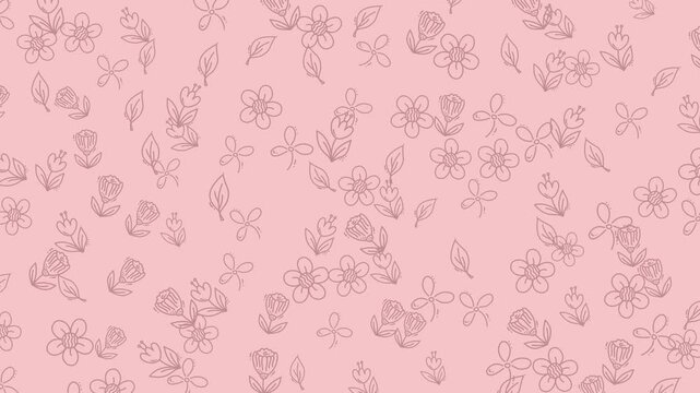 Sketched flowers and leaves pattern on pink background. Ideal for floral designs, stationery, and springthemed projects.