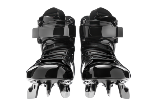 Pair of black textured high heel boots isolated on transparent background. Black ice hockey skates isolated on white background.