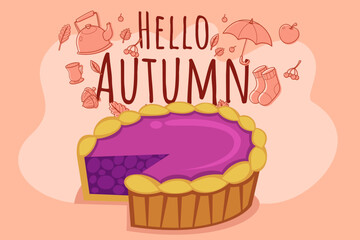 Playful design of large berry pie with slice taken out set against autumn-themed background with colorful leaves and seasonal items