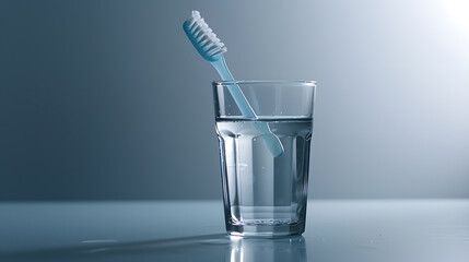 A toothbrush is next to a glass of water