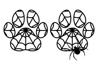 Logo pet friendly. Zarpa de perro o gato con tela de araña y araña para felicitaciones y tarjetas de Halloween