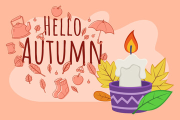 Warm and inviting scene of autumn, featuring candle surrounded by colorful leaves, symbols of season and cheerful elements