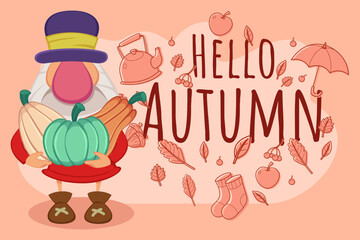 Cheerful gnome holding green and orange pumpkins, celebrating arrival of autumn. Leaf motifs and various autumn items creating warm atmosphere in vibrant setting