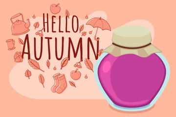 Colorful jar of jam in front of autumn-themed decorations. Leaves, fruit, and cozy items like socks, capturing warmth and essence of season
