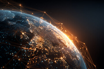 Obraz premium Global Network: A stunning depiction of the Earth, illuminated with city lights and interconnected by a network of glowing lines.