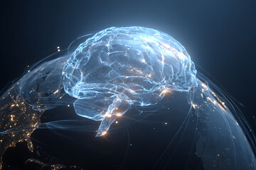 Global Brain Network: A stunning visual depiction of a glowing brain superimposed on a digital globe, representing interconnected intelligence and global communication