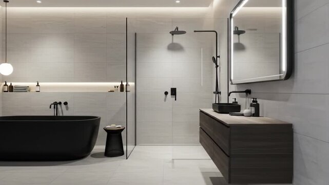 Modern bathroom interior with bathtub shower and vanity design