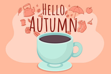 Cozy cup of coffee with autumn-themed decorations. Leaves, umbrellas, and boots surrounding cup. Arrival of fall season concept