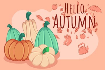 Brightly colored pumpkins arranged in varying sizes and shapes against background with autumn leaves, apples, and playful greeting for season