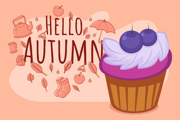 Vibrant cupcake with rich purple frosting and blueberries on top over pink background, surrounded by autumn-themed decorations and text