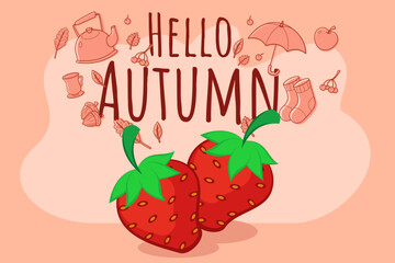 Strawberries against pink background, surrounded by autumn-themed icons like leaves, umbrellas, and cozy items. Fall season concept