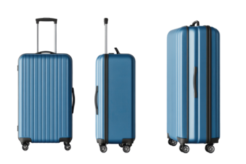 Blue suitcases of different sizes isolated on transparent background. Blue hard shell suitcases are displayed from various angles isolated on white background.