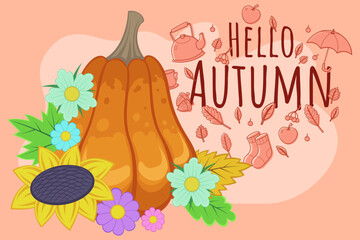 Large pumpkin surrounded by vibrant flowers and autumn elements. Fall season concept