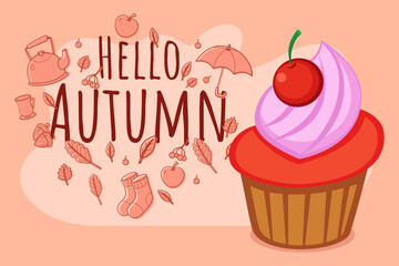 Brightly colored cupcake against pink background with autumn-themed elements: leaves and seasonal symbols, capturing festive vibe