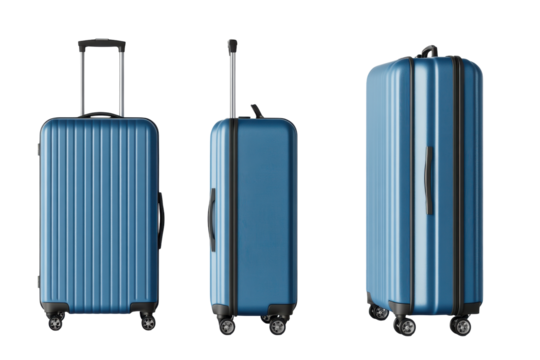 Blue suitcases of different sizes isolated on transparent background. Blue hard shell suitcases are displayed from various angles isolated on white background.
