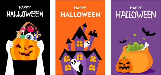 Happy Halloween party posters set 