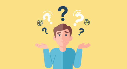 Man surrounded by question marks symbolizing uncertainty, confusion and searching for solutions in