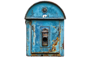 Old blue metal mailbox with a rusty lock isolated on transparent background. Blue mailbox isolated on white background.