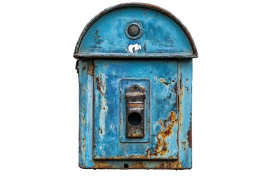 Old blue metal mailbox with a rusty lock isolated on transparent background. Blue mailbox isolated on white background.