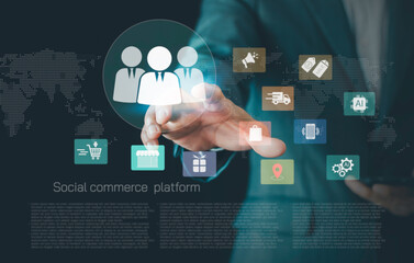 Businessman using social commerce platform to create advertising content, manage payment systems, and logistics. Concept of e-commerce marketing, sales growth, digital business, and online community.
