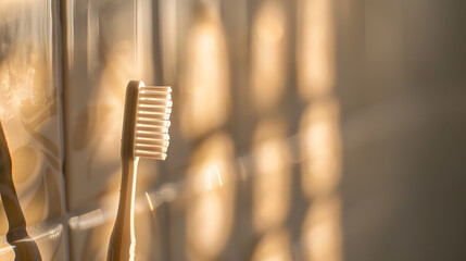 A toothbrush is sitting on a wall next to a window. The sunlight is shining on the toothbrush,