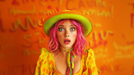 Surprised girl with pink hair and freckles in orange-green outfit against a vibrant background.
