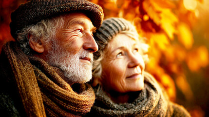 An elderly couple in warm scarves smiles while watching autumn leaves under golden sunset light.
