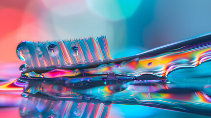 A toothbrush is on a table with a colorful background. 