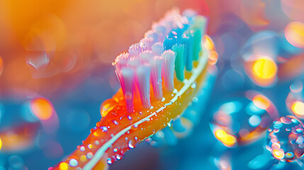 A toothbrush is on a table with a colorful background. 