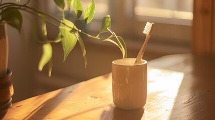 A toothbrush is sitting in a cup on a wooden table