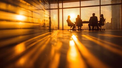 Illuminated silhouettes of business professionals at a table during a meeting, bathed in warm sunlight from a large window with cityscape views.