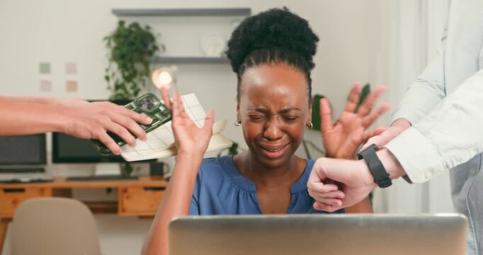 Overwhelmed Diverse Businesswoman Under Pressure and Multitasking in a Busy Tech Startup Office - Powered by Adobe