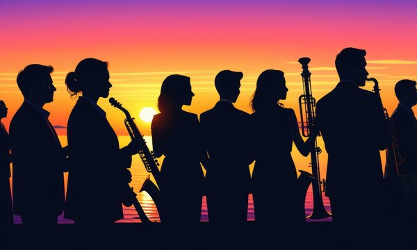 Silhouette of jazz musicians performing at sunset by the sea