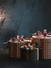 Presents. Variety of gift boxes with empty dark grunge wall background. 3D Rendering, 3D Illustration