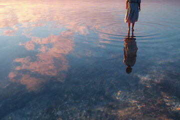 水面に立つ人物の姿と空の反射が重なる幻想的な風景
