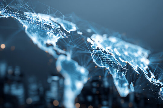 Digital Globe: Illuminated digital world map with interconnected lines. Representing global connectivity and technological advancements, with a futuristic aesthetic.