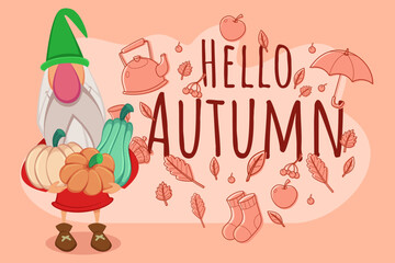 Cheerful gnome standing and holding collection of gourds and pumpkins. Autumn-themed elements like leaves and umbrellas celebrating season