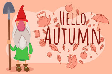 Cheerful gnome standing and holding shovel, greeting autumn season against background with fall leaves, teapot, and cozy items. Autumn concept