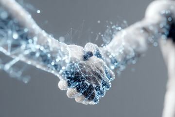 Digital handshake: The image depicts a conceptual handshake rendered in a network of interconnected nodes and lines, illustrating digital collaboration and technology interaction. 