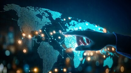 Abstract Network on Display with Connection Illustration of a World Map and Digital Data Hub Concept