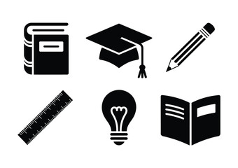 Set of 6 scalable vector silhouettes education learning tools graduation cap book pencil lightbulb ruler icon silhouette vector illustration white background