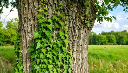 Obraz premium Ivy-covered tree trunk in a field