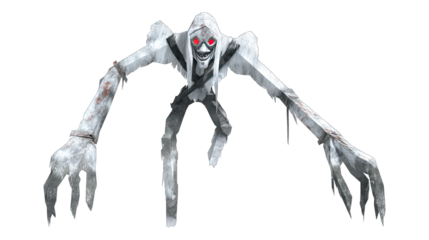 Eerie, gaunt figure with glowing red eyes, reaching out